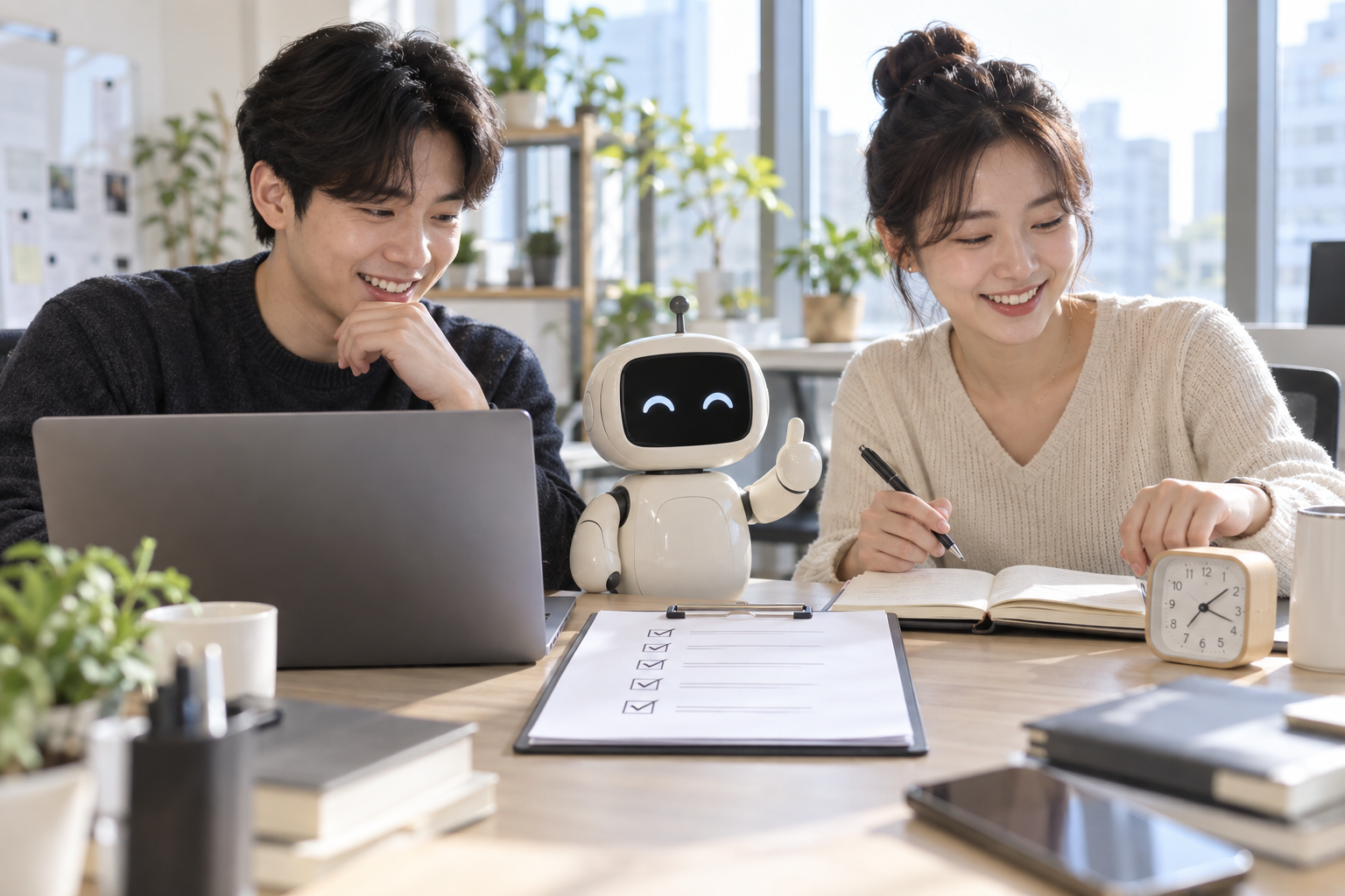 전환 체크리스트를 검토하는 가상의 팀 · AI 생성 이미지